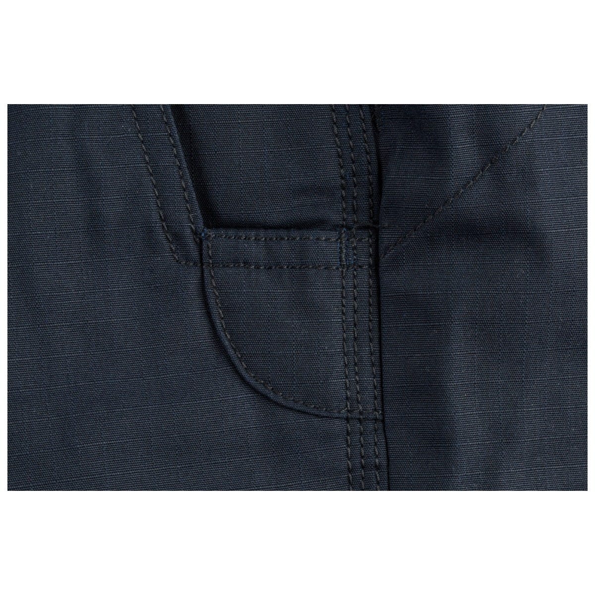 Close-up of a dark blue fabric with stitching detail on a white background